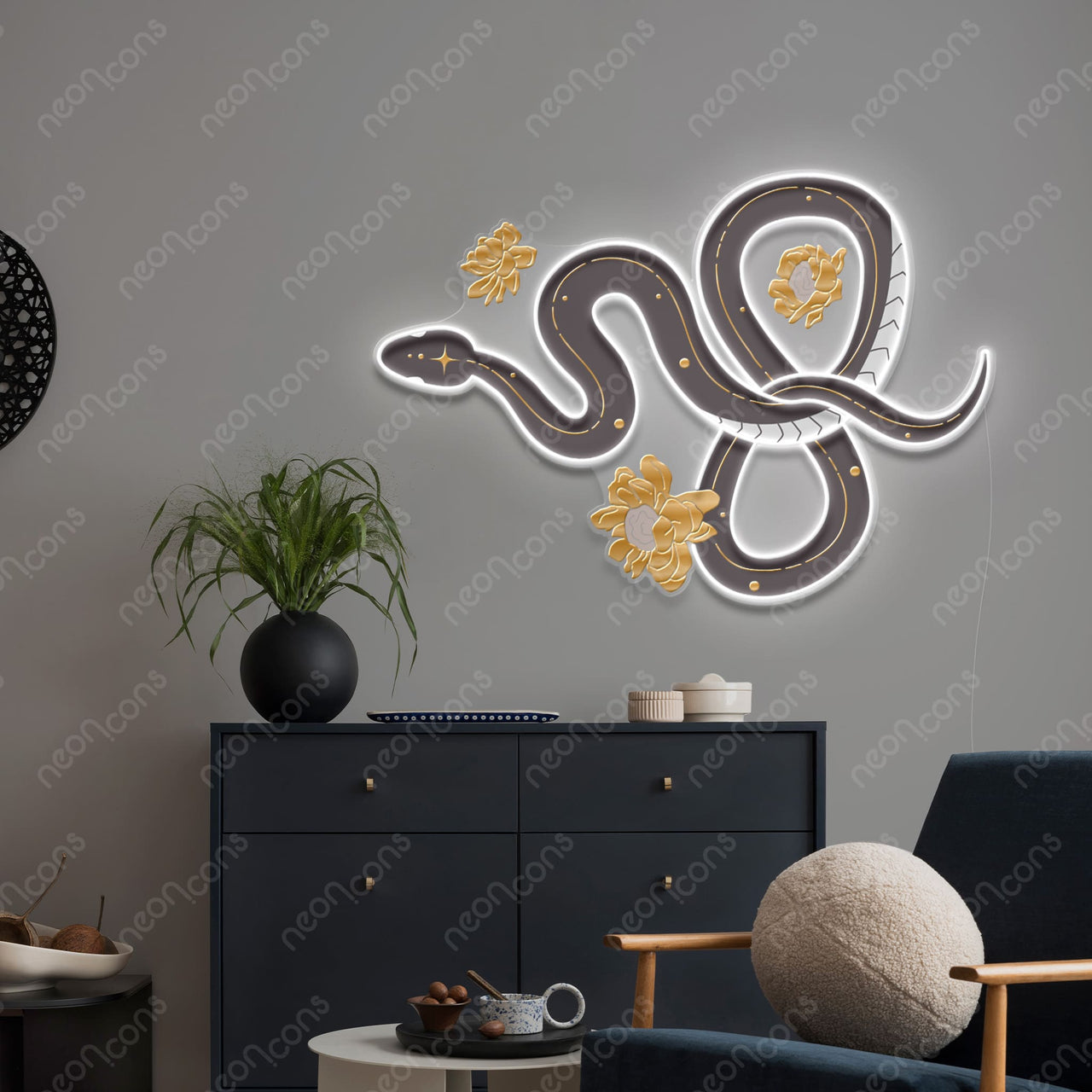 "Floral Serpent" LED Neon x Print x Reflective Acrylic by Neon Icons