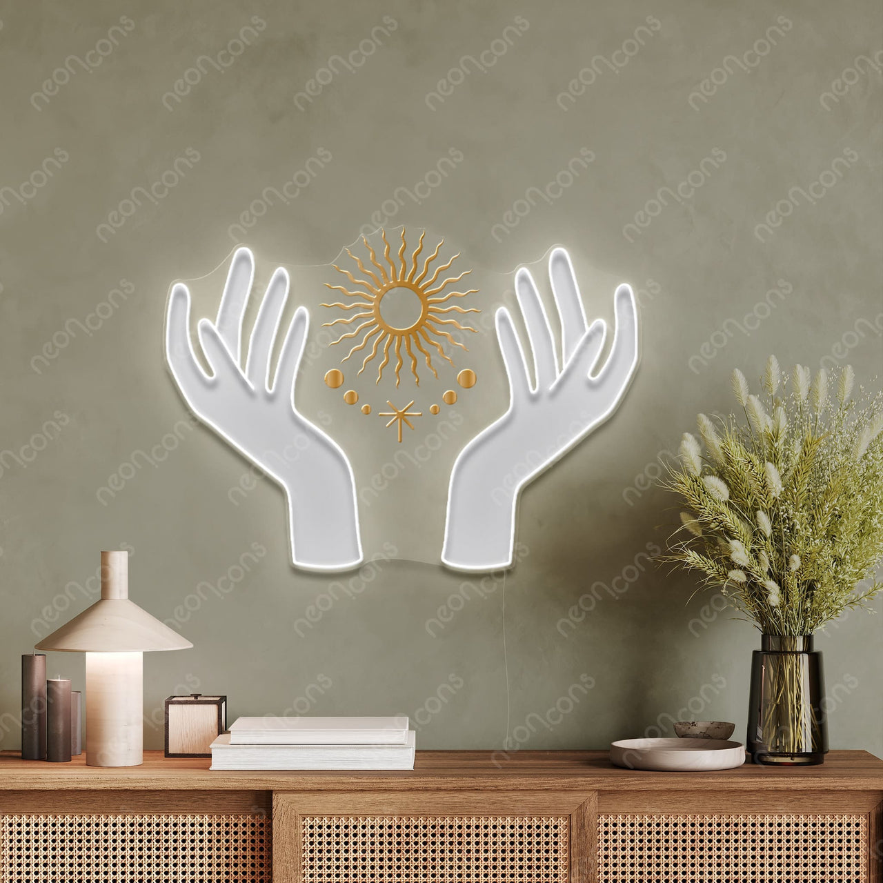 "Radiant Hands" LED Neon x Print x Reflective Acrylic by Neon Icons