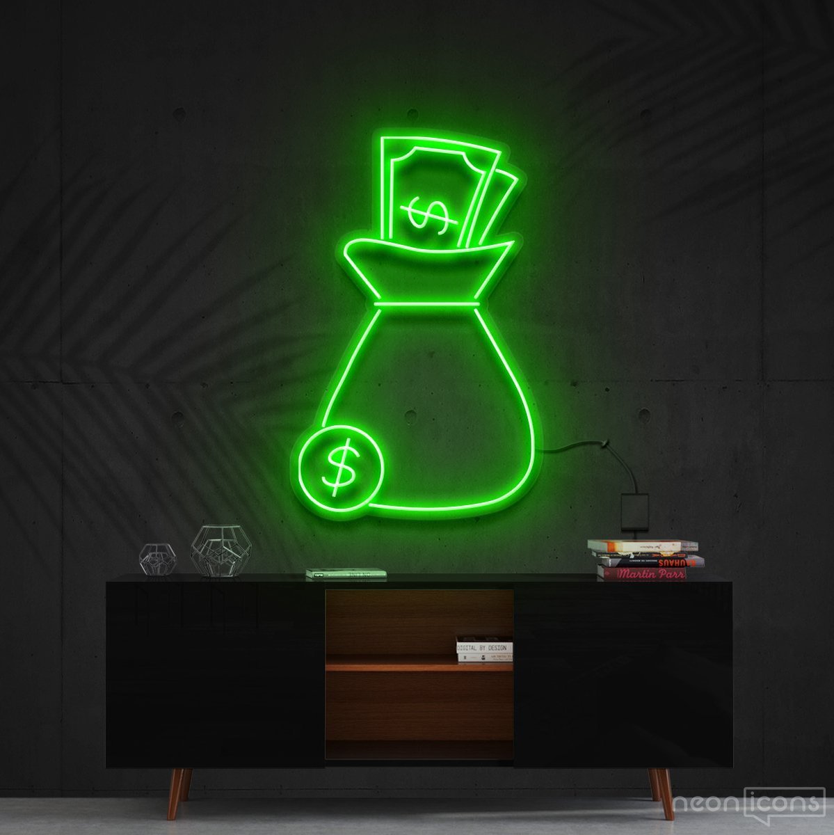 "Cash Bag" Neon Sign 60cm (2ft) / Green / Cut to Shape by Neon Icons