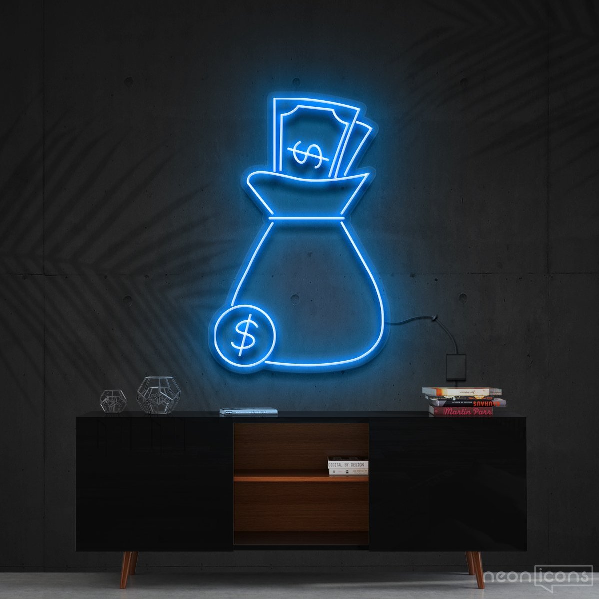 "Cash Bag" Neon Sign 60cm (2ft) / Ice Blue / Cut to Shape by Neon Icons