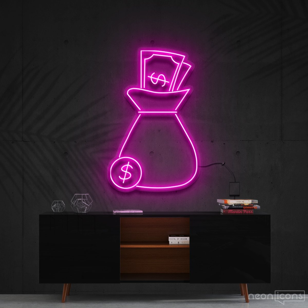 "Cash Bag" Neon Sign 60cm (2ft) / Pink / Cut to Shape by Neon Icons