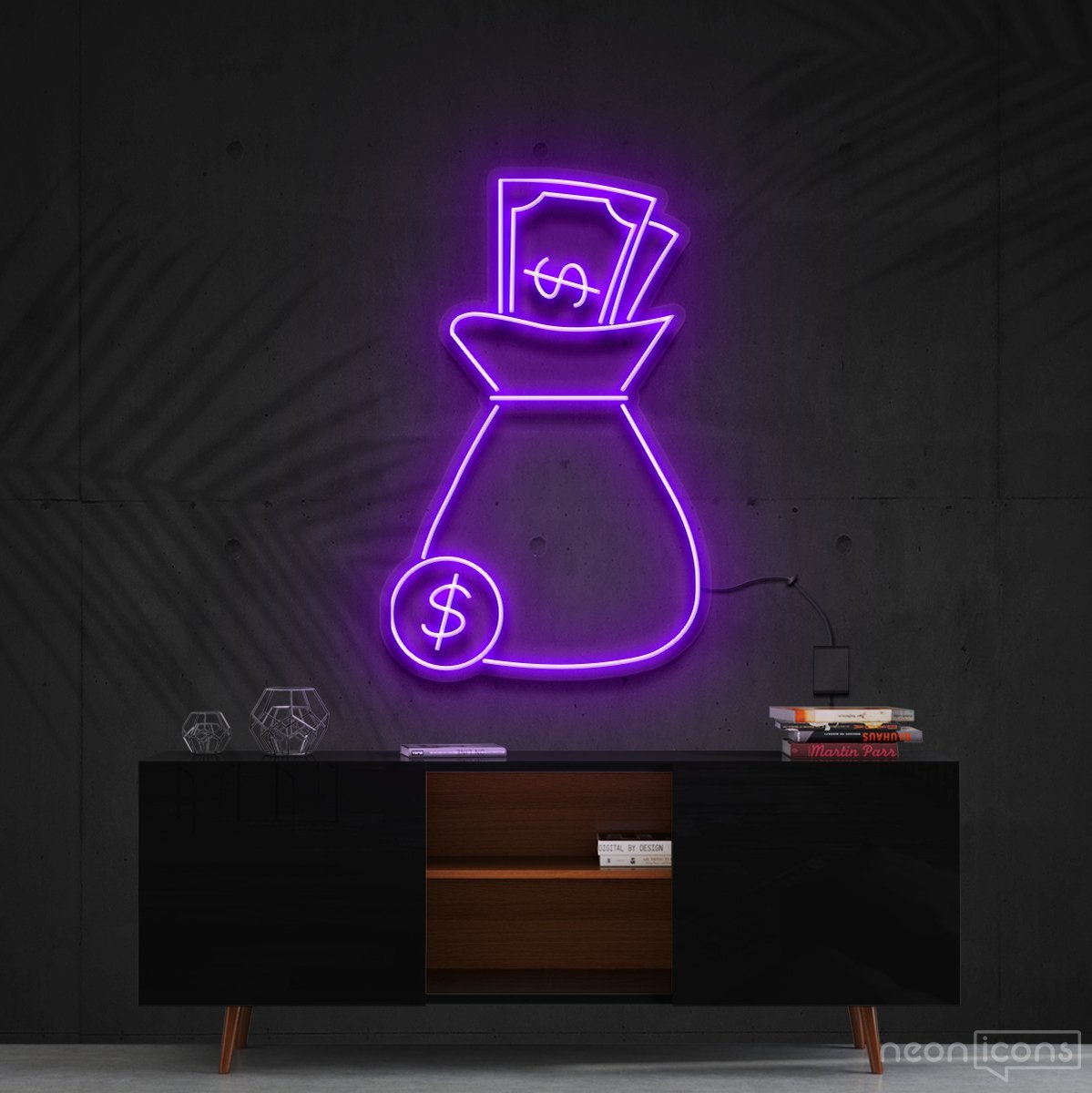 "Cash Bag" Neon Sign 60cm (2ft) / Purple / Cut to Shape by Neon Icons