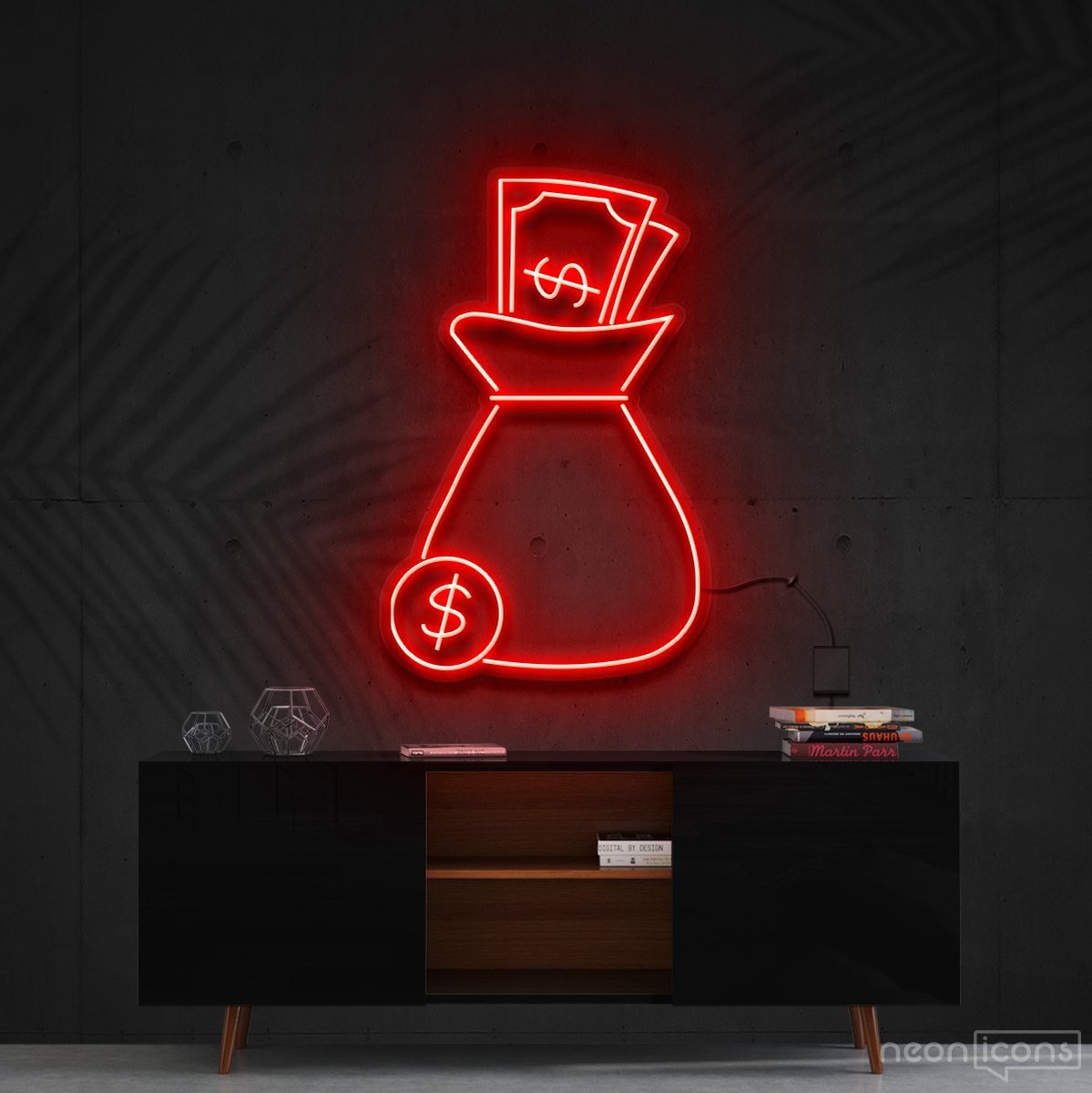 "Cash Bag" Neon Sign 60cm (2ft) / Red / Cut to Shape by Neon Icons