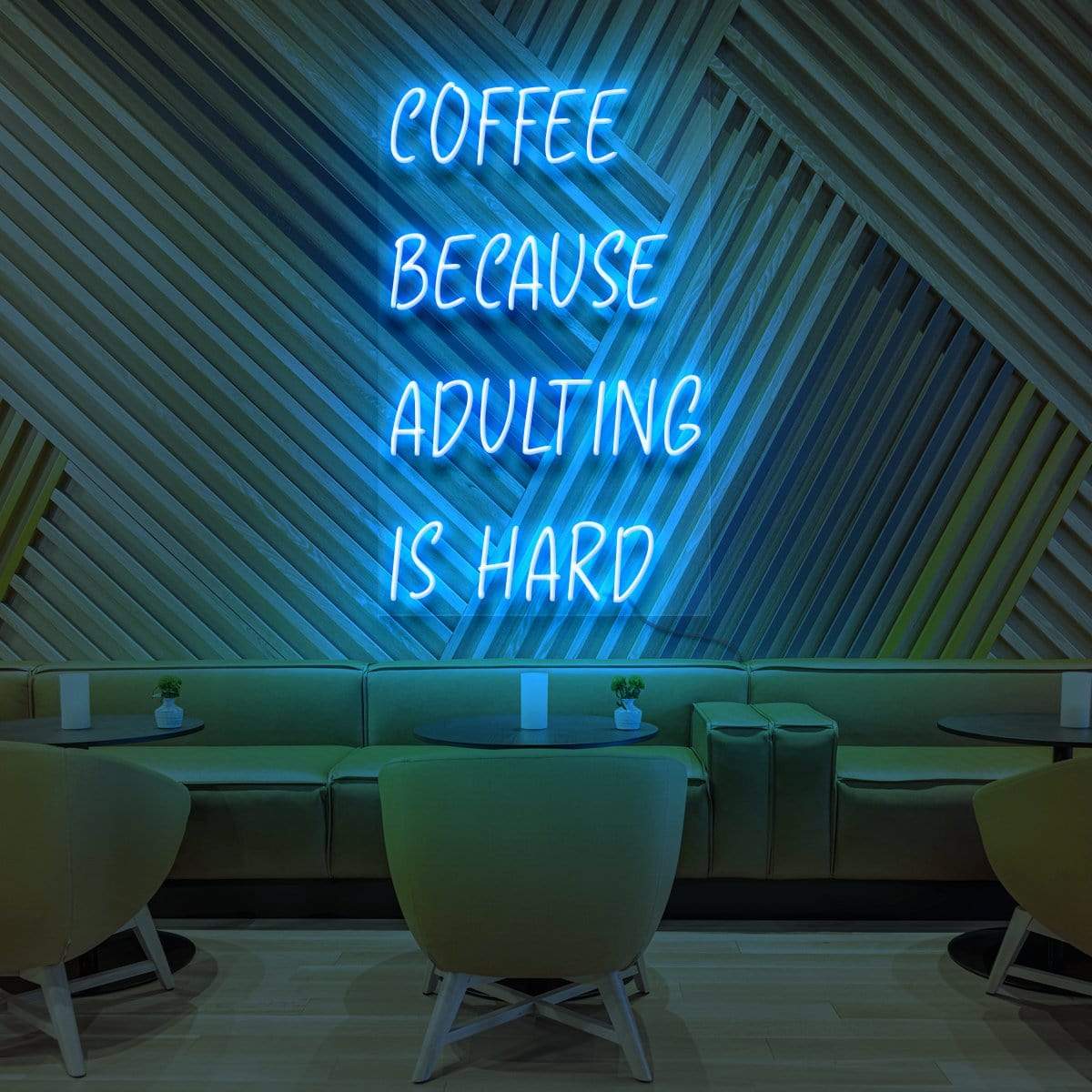 "Coffee, Because Adulting is Hard" Neon Sign for Cafés 60cm (2ft) / Ice Blue / LED Neon by Neon Icons