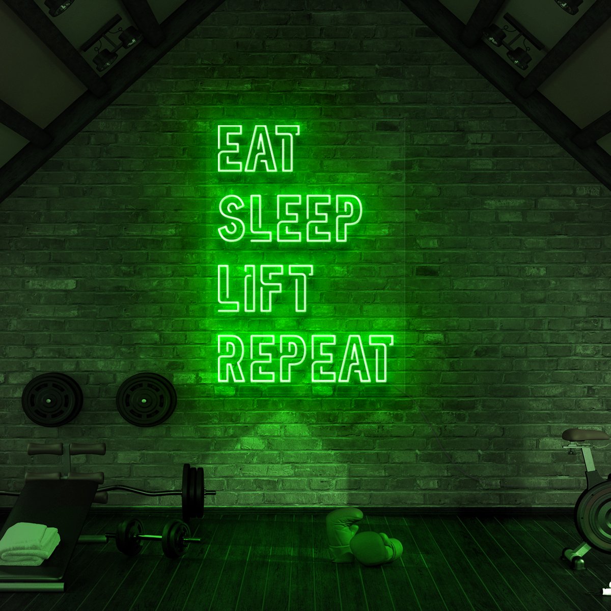 "Eat Sleep Lift Repeat" Neon Sign for Gyms & Fitness Studios 90cm (3ft) / Green / LED Neon by Neon Icons