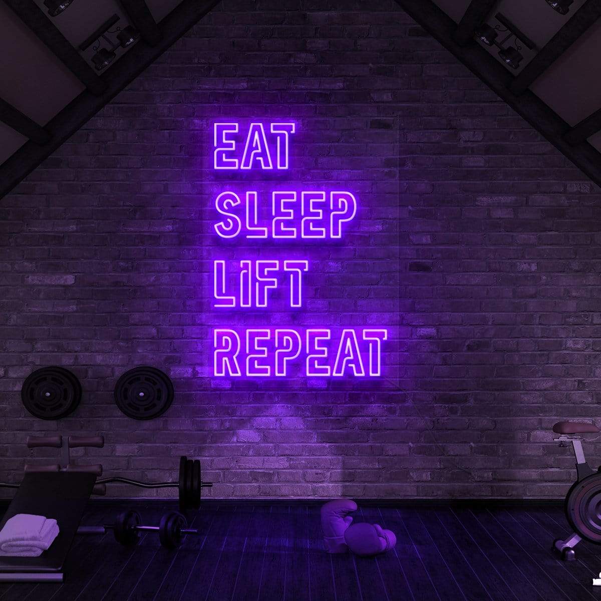 "Eat Sleep Lift Repeat" Neon Sign for Gyms & Fitness Studios 90cm (3ft) / Purple / LED Neon by Neon Icons