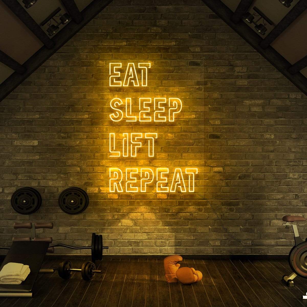 "Eat Sleep Lift Repeat" Neon Sign for Gyms & Fitness Studios 90cm (3ft) / Yellow / LED Neon by Neon Icons