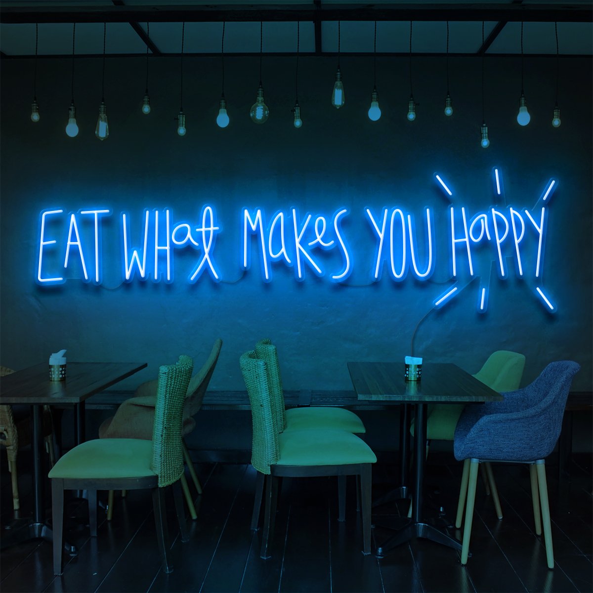 "Eat What Makes You Happy" Neon Sign for Bars & Restaurants 90cm (3ft) / Ice Blue / LED Neon by Neon Icons