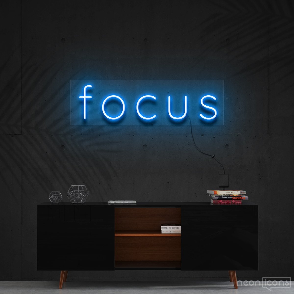 "Focus" Neon Sign 60cm (2ft) / Ice Blue / Cut to Shape by Neon Icons