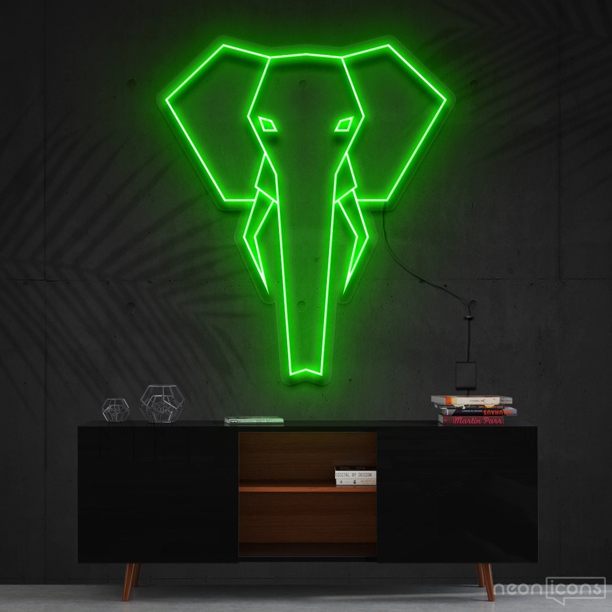 "Geometric Elephant" Neon Sign 60cm (2ft) / Green / Cut to Shape by Neon Icons