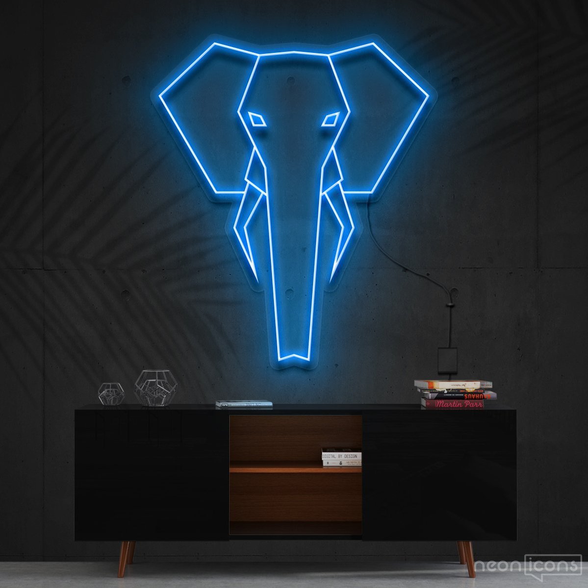 "Geometric Elephant" Neon Sign 60cm (2ft) / Ice Blue / Cut to Shape by Neon Icons