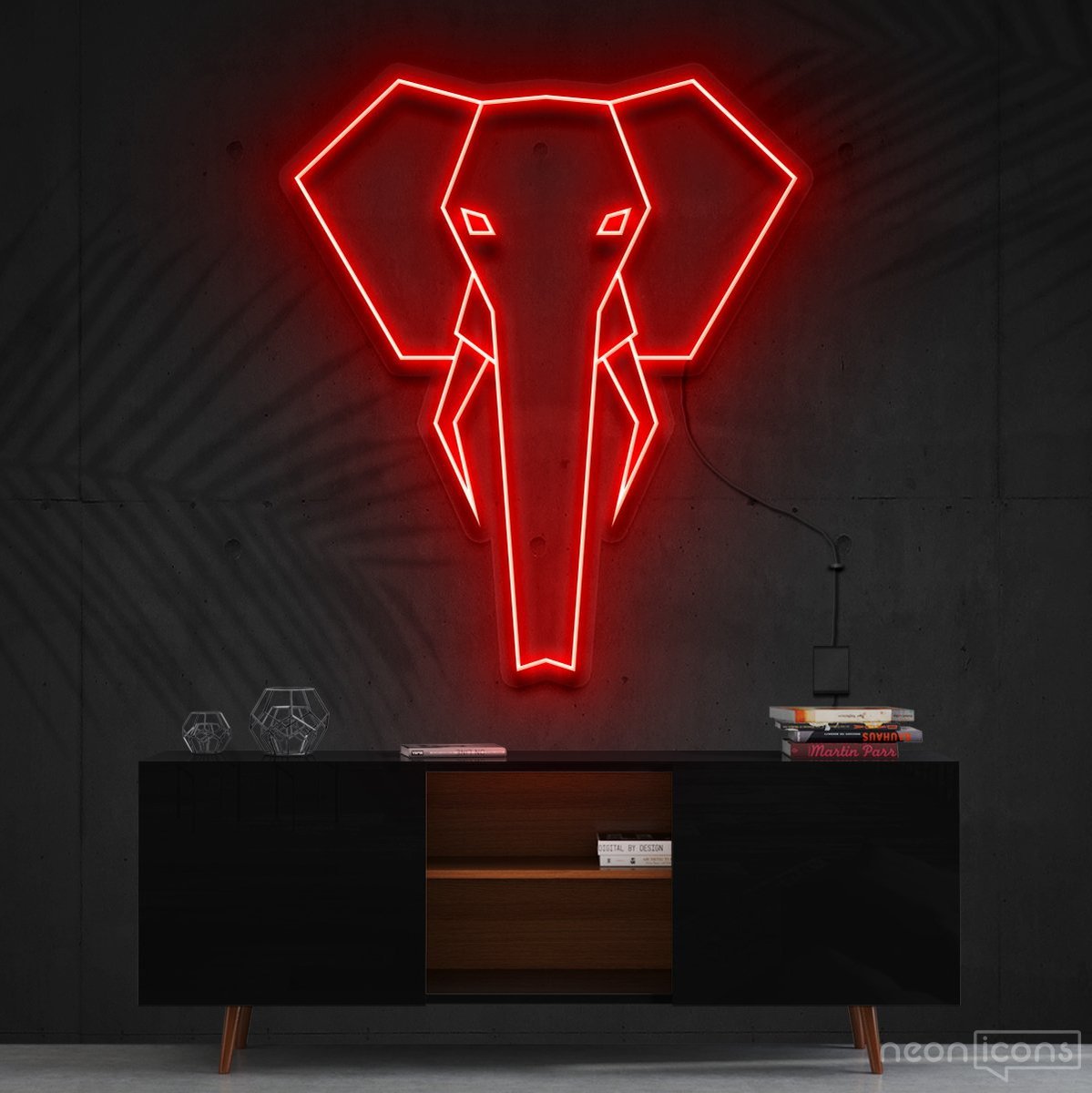 "Geometric Elephant" Neon Sign 60cm (2ft) / Red / Cut to Shape by Neon Icons