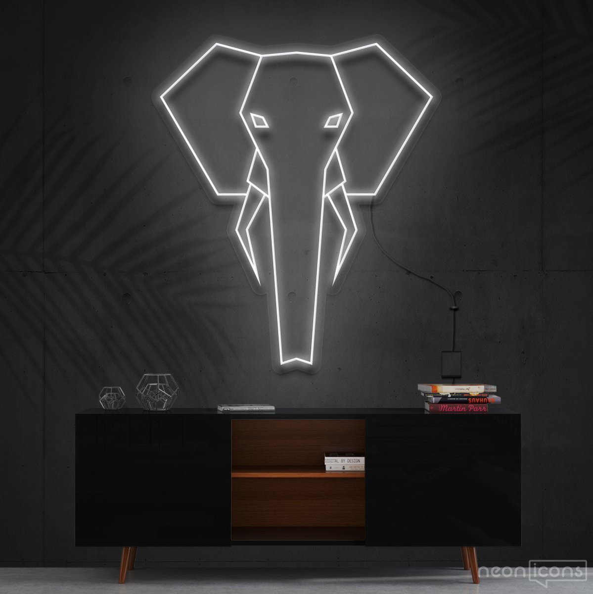 "Geometric Elephant" Neon Sign 60cm (2ft) / White / Cut to Shape by Neon Icons