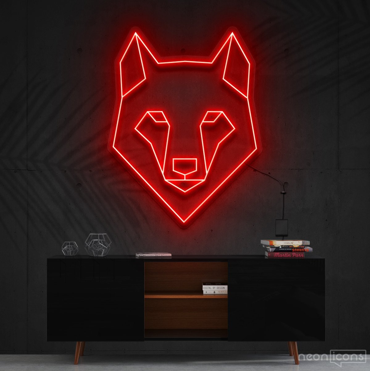 "Geometric Wolf" Neon Sign 60cm (2ft) / Red / Cut to Shape by Neon Icons