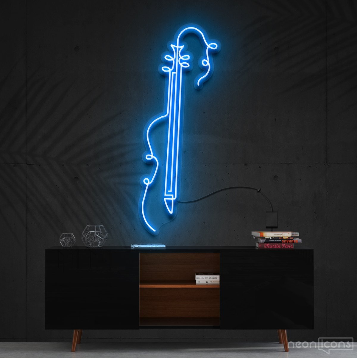 "Guitar Line Art" Neon Sign 120cm (4ft) / Ice Blue / Cut to Shape by Neon Icons