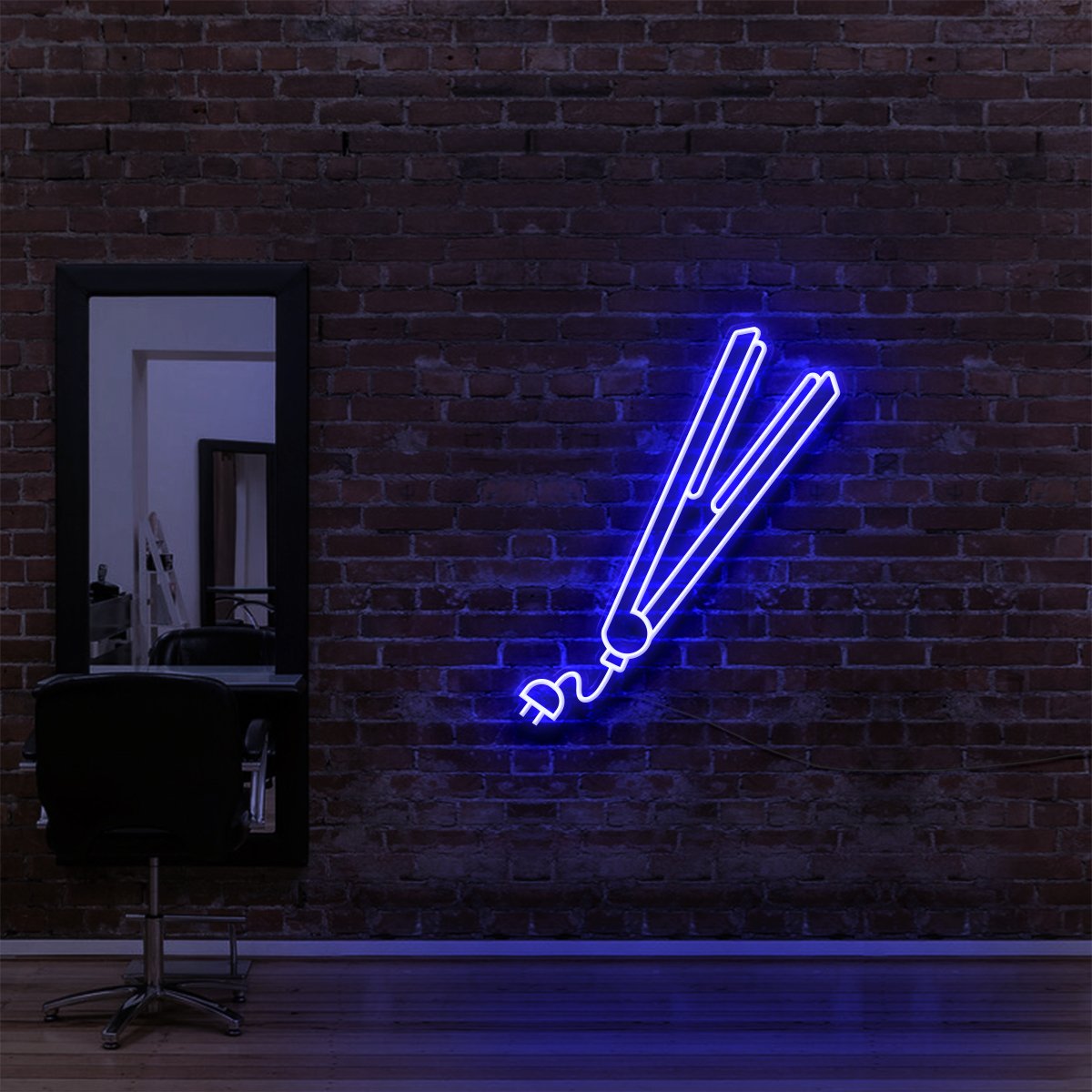 "Hair Straightener" Neon Sign for Hair Salons & Barbershops 60cm (2ft) / Blue / LED Neon by Neon Icons