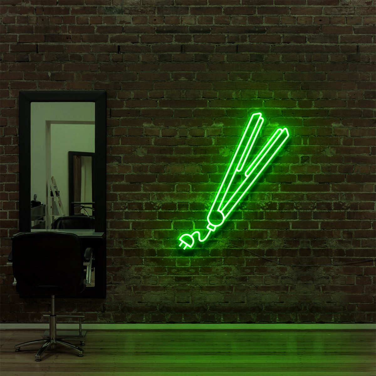 "Hair Straightener" Neon Sign for Hair Salons & Barbershops 60cm (2ft) / Green / LED Neon by Neon Icons