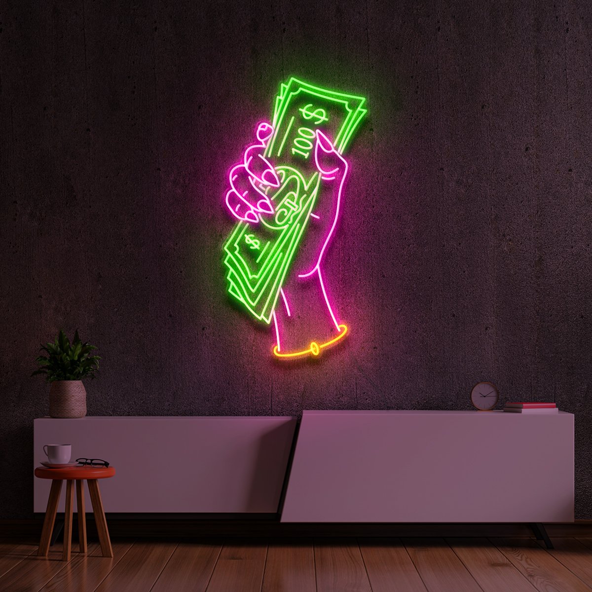 "Hand of Greed" Multicolour Neon Sign 90cm (3ft) / LED Neon by Neon Icons