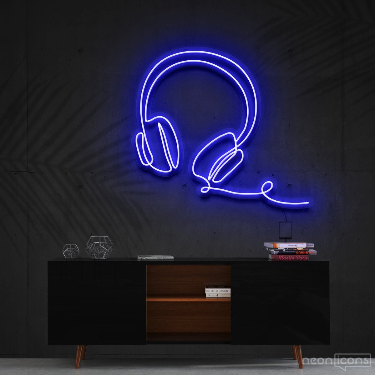 "Headphones Line Art" Neon Sign 60cm (2ft) / Blue / Cut to Shape by Neon Icons
