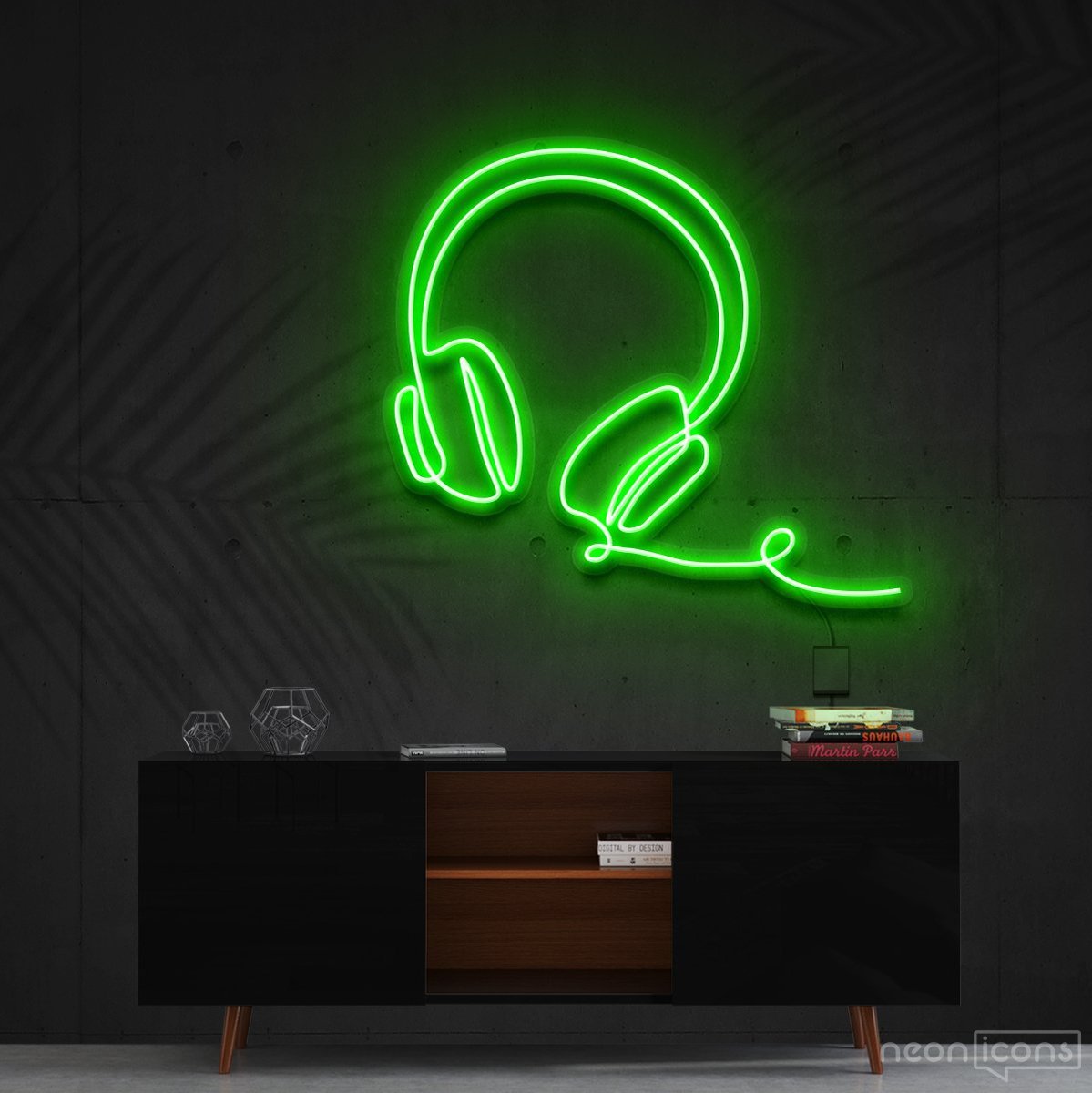 "Headphones Line Art" Neon Sign 60cm (2ft) / Green / Cut to Shape by Neon Icons