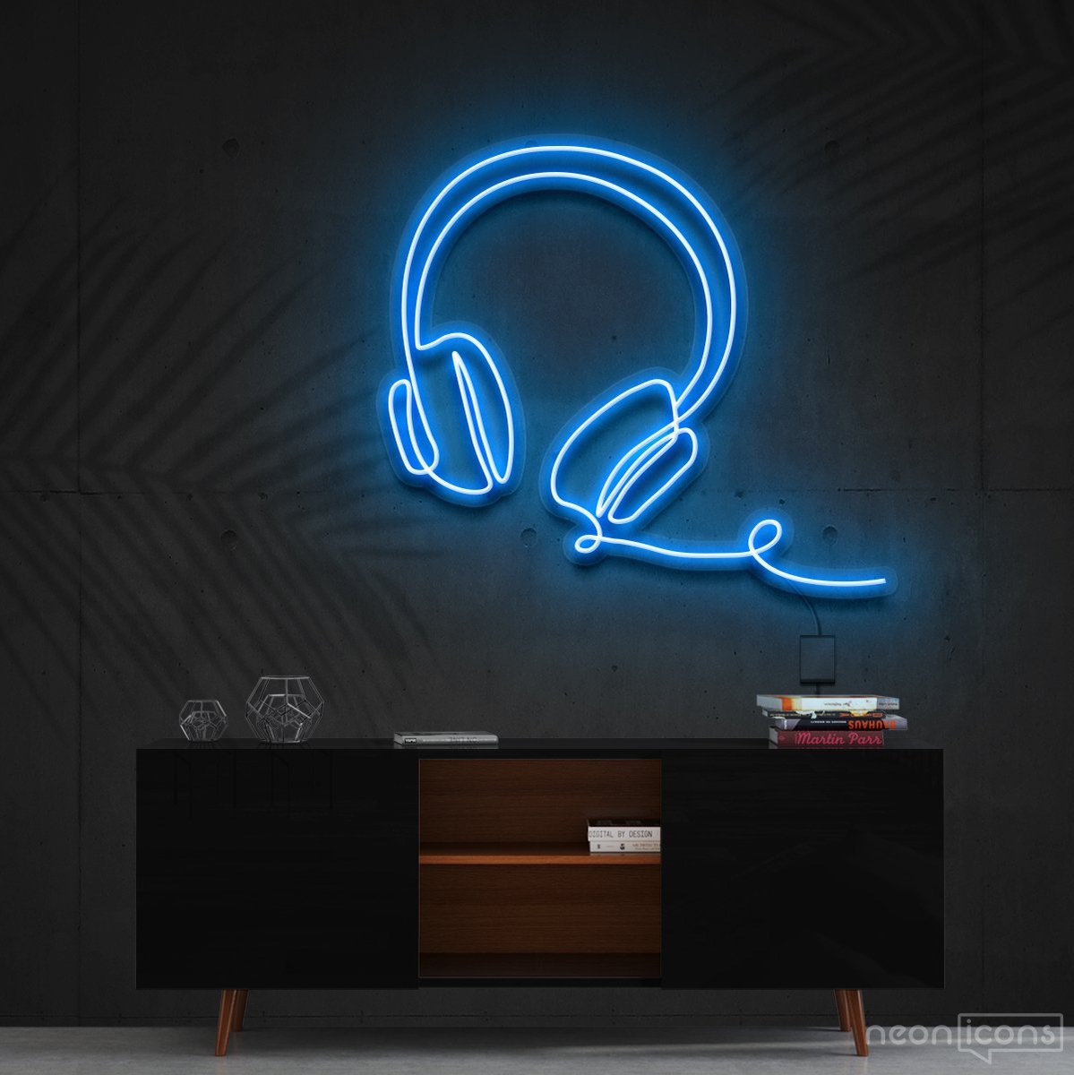 "Headphones Line Art" Neon Sign 60cm (2ft) / Ice Blue / Cut to Shape by Neon Icons