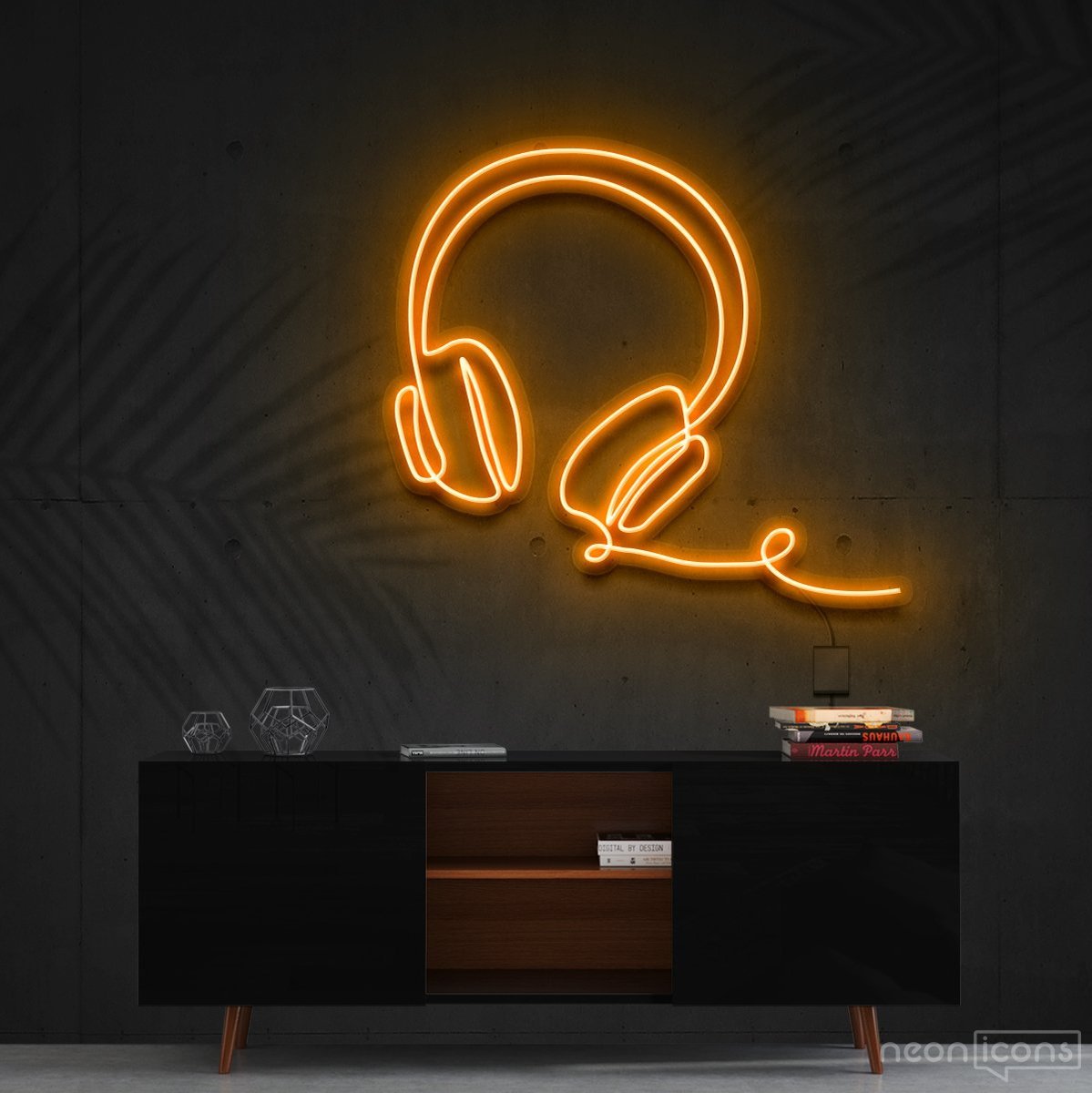"Headphones Line Art" Neon Sign 60cm (2ft) / Orange / Cut to Shape by Neon Icons