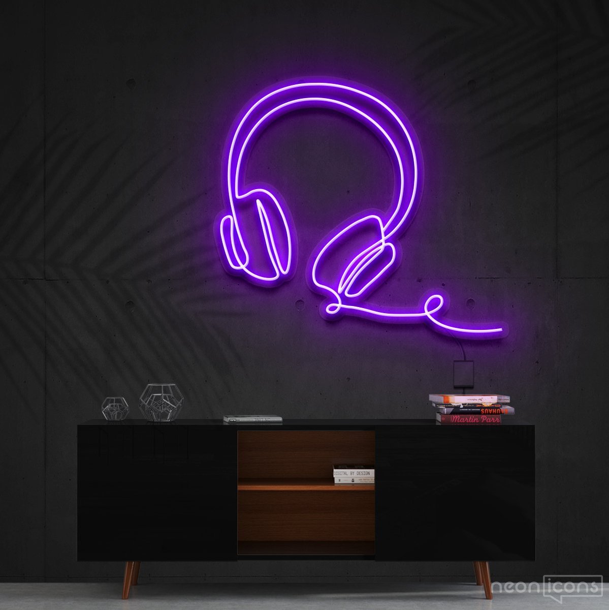 "Headphones Line Art" Neon Sign 60cm (2ft) / Purple / Cut to Shape by Neon Icons