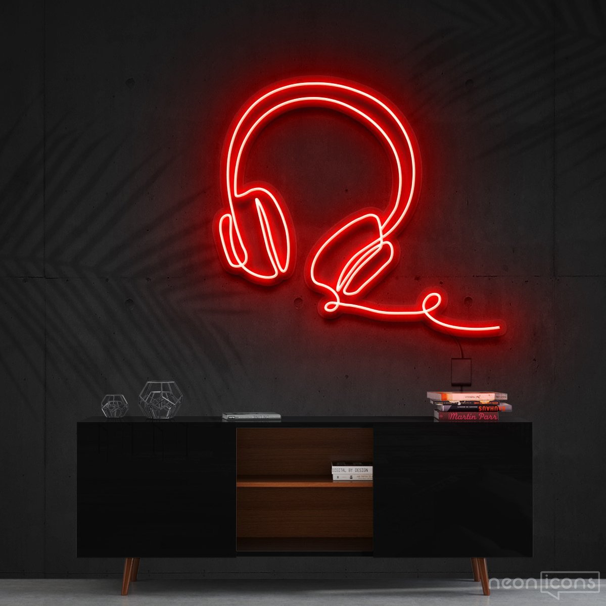 "Headphones Line Art" Neon Sign 60cm (2ft) / Red / Cut to Shape by Neon Icons