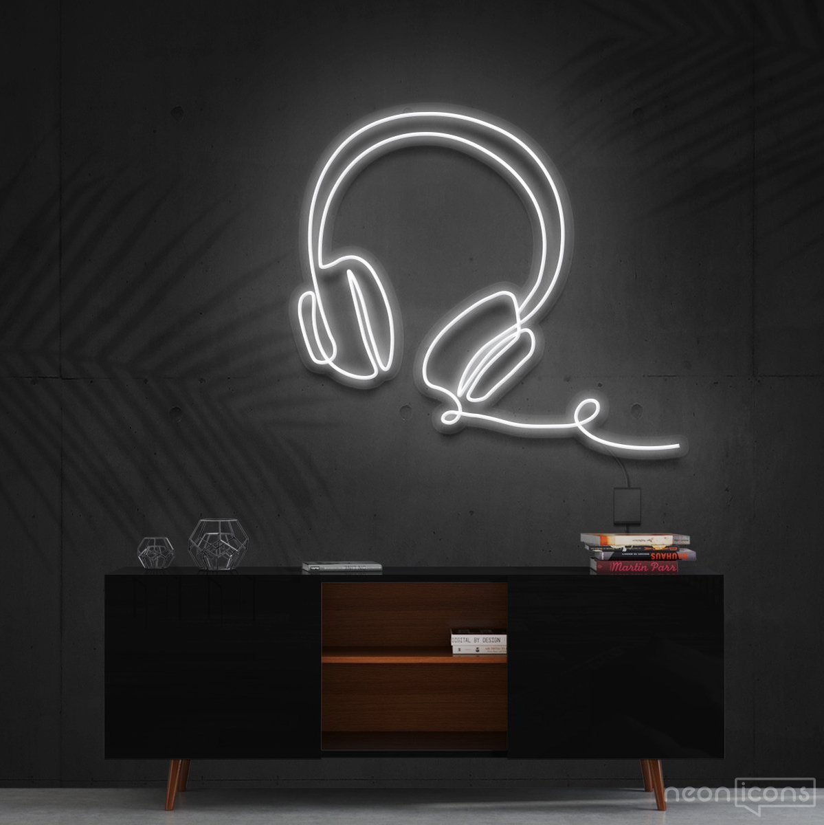"Headphones Line Art" Neon Sign 60cm (2ft) / White / Cut to Shape by Neon Icons