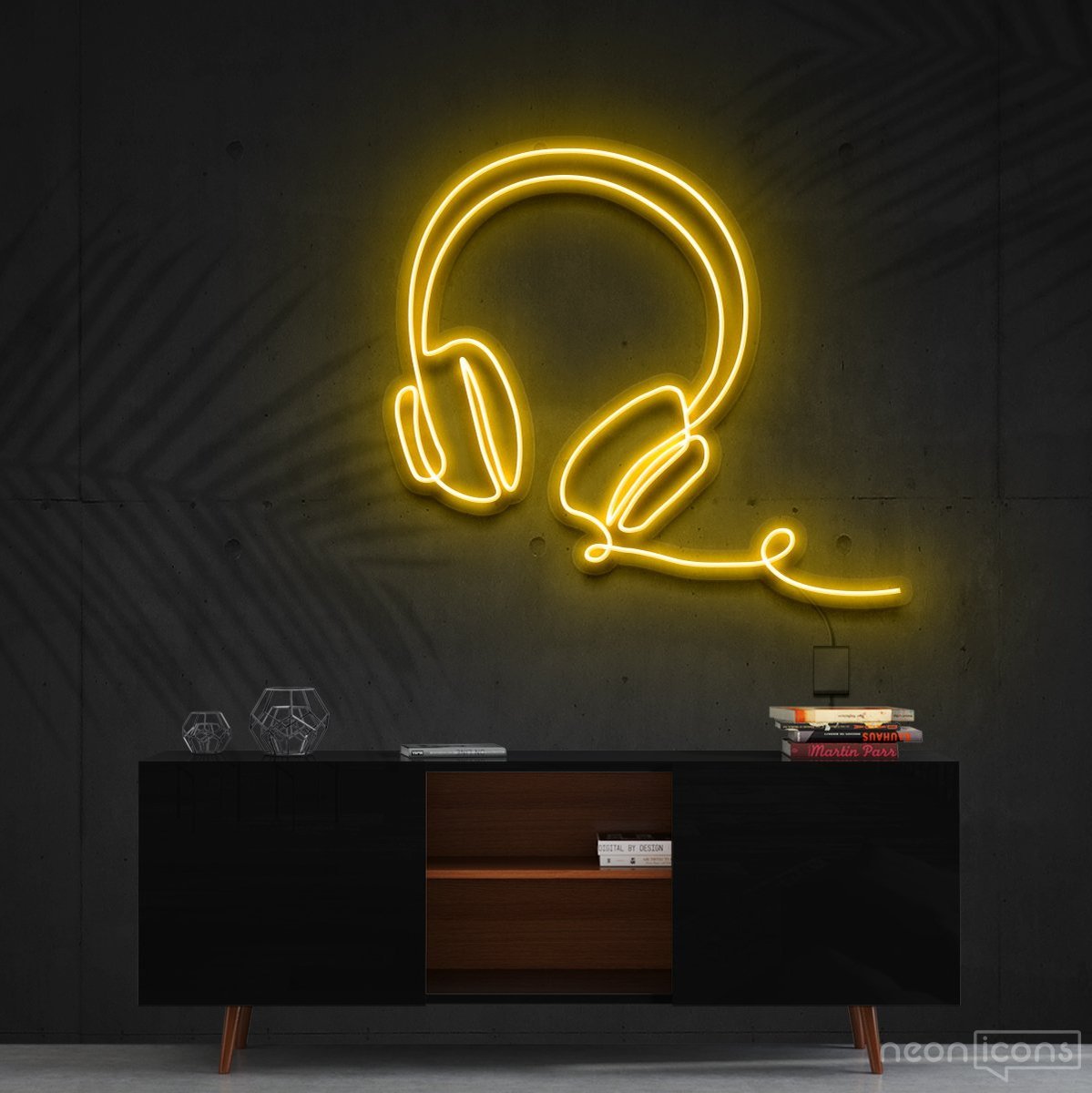"Headphones Line Art" Neon Sign 60cm (2ft) / Yellow / Cut to Shape by Neon Icons