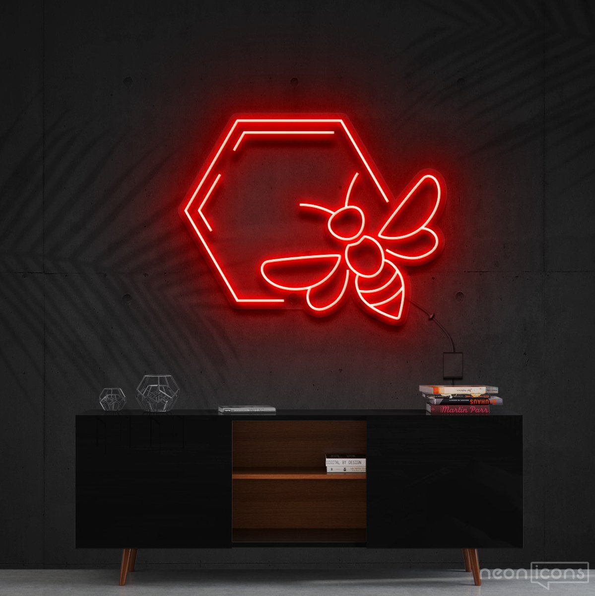 "Honeycomb Bee" Neon Sign 60cm (2ft) / Red / Cut to Shape by Neon Icons