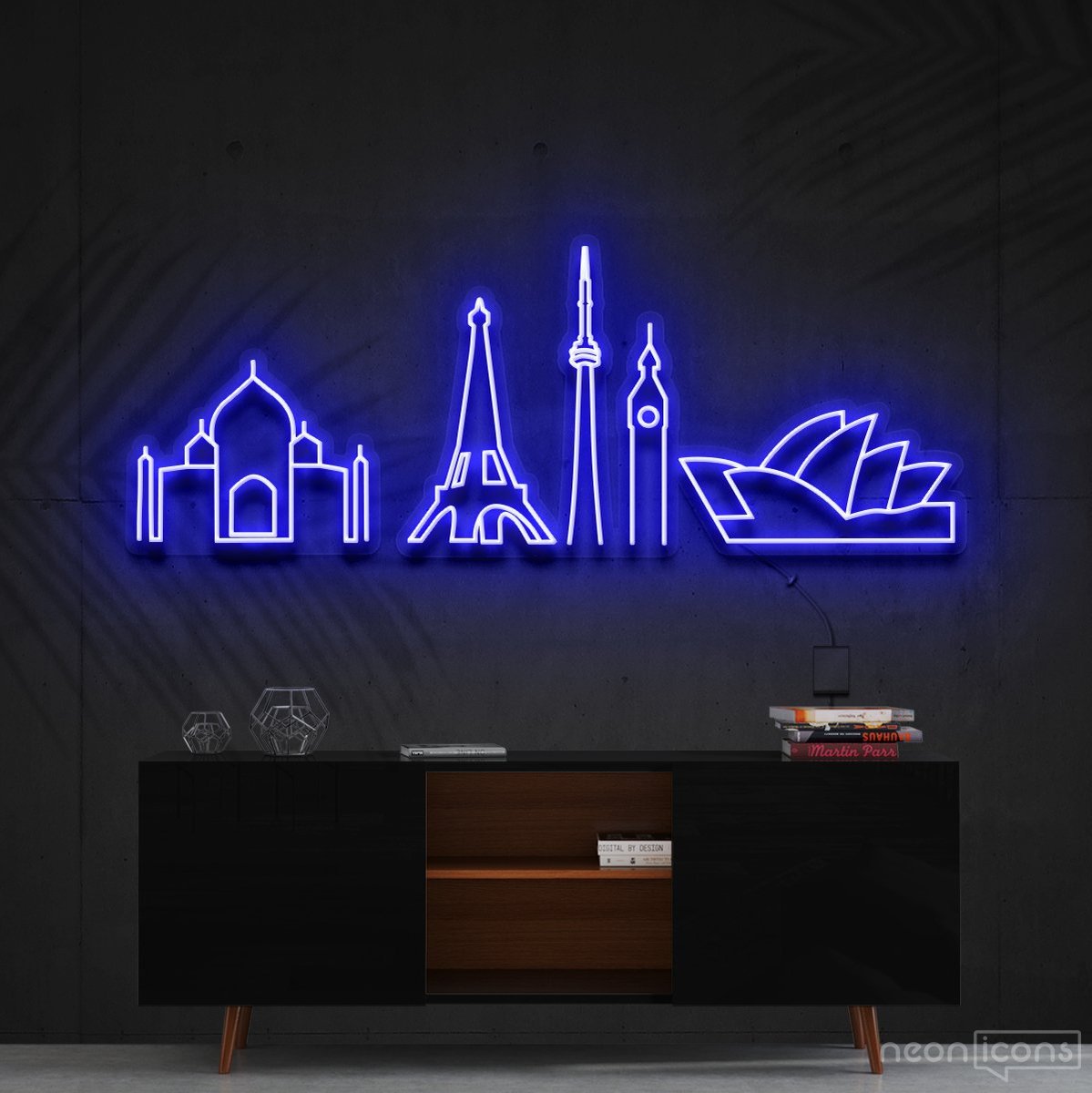 "Iconic Monuments" Neon Sign 120cm (4ft) / Blue / Cut to Shape by Neon Icons