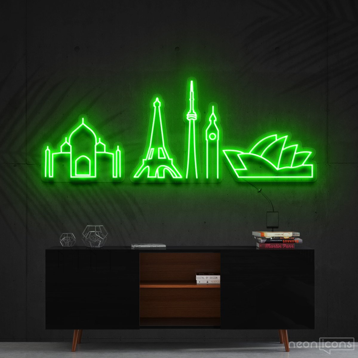 "Iconic Monuments" Neon Sign 120cm (4ft) / Green / Cut to Shape by Neon Icons