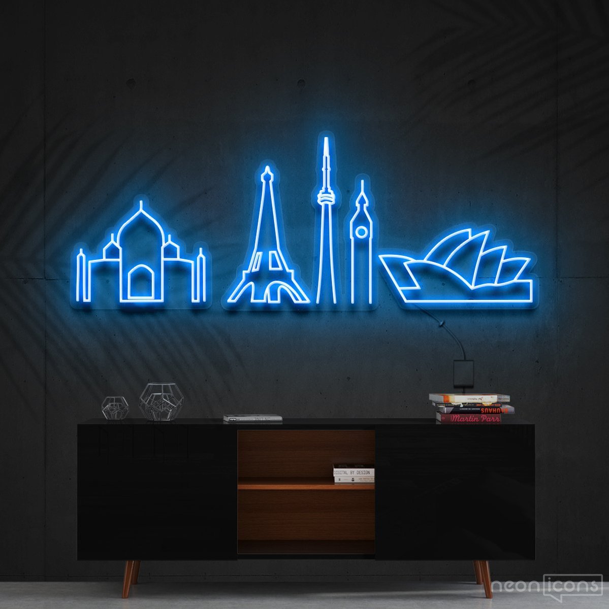 "Iconic Monuments" Neon Sign 120cm (4ft) / Ice Blue / Cut to Shape by Neon Icons