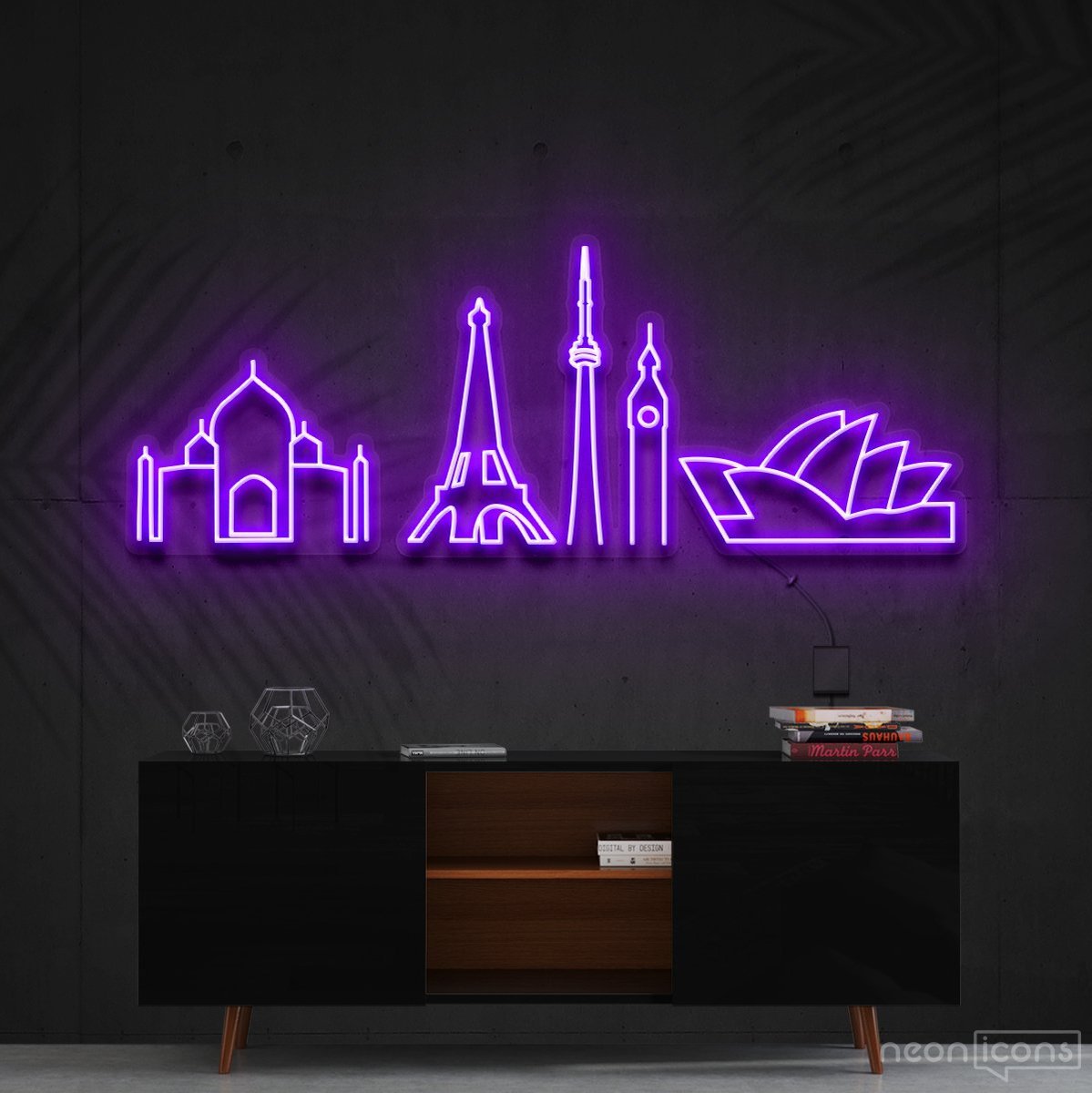 "Iconic Monuments" Neon Sign 120cm (4ft) / Purple / Cut to Shape by Neon Icons