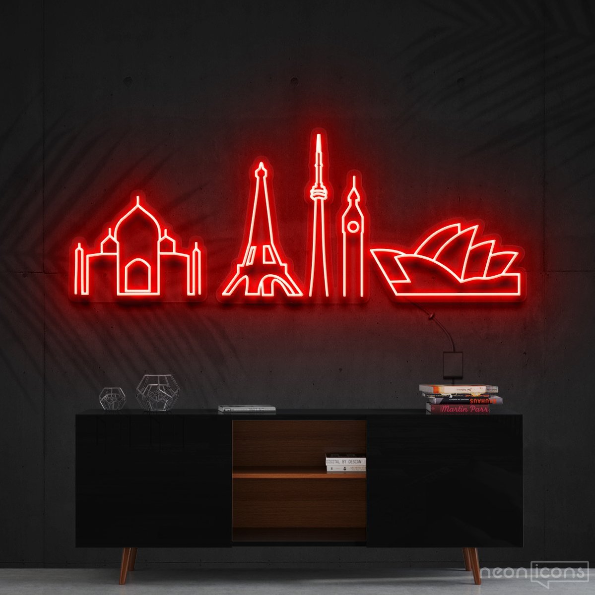 "Iconic Monuments" Neon Sign 120cm (4ft) / Red / Cut to Shape by Neon Icons