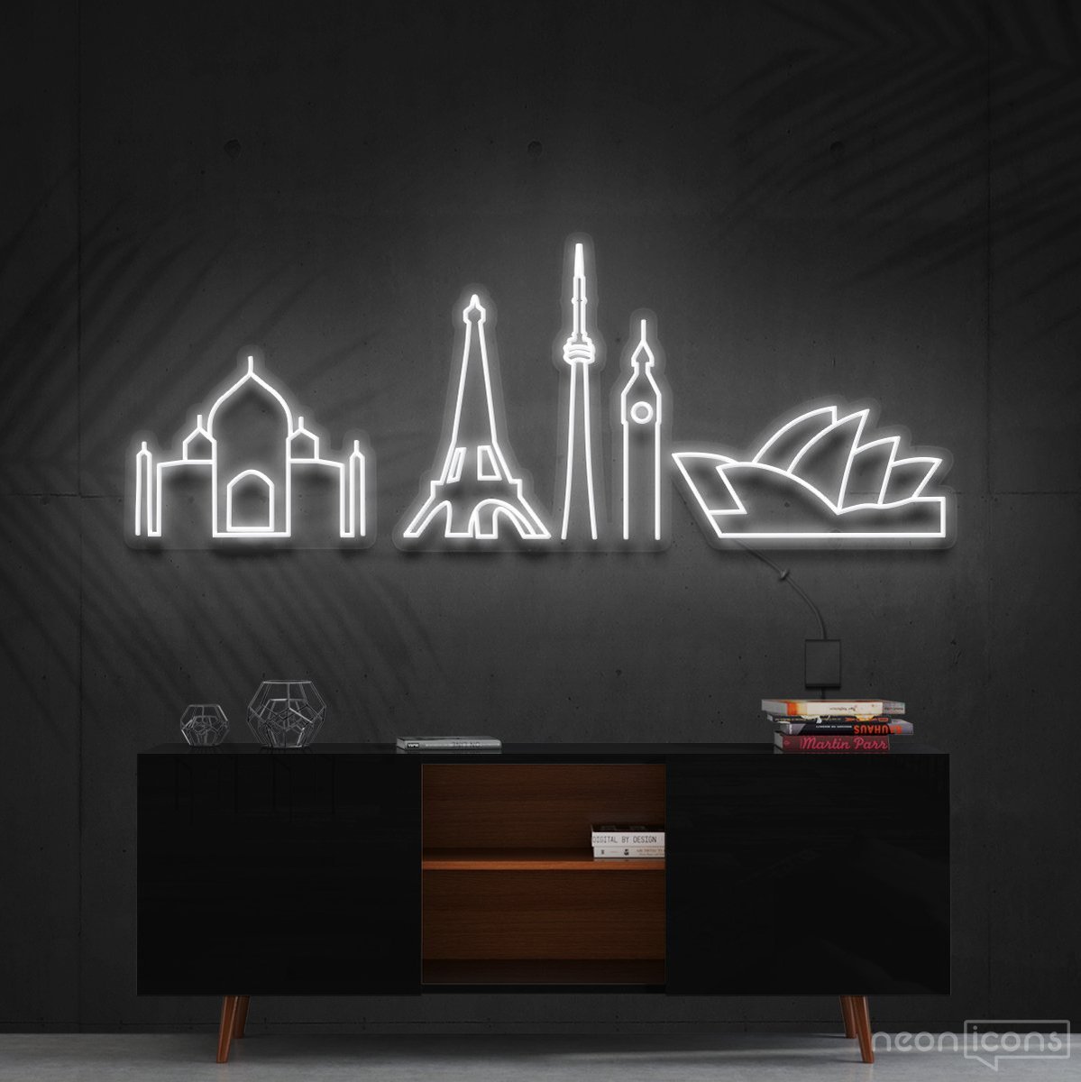 "Iconic Monuments" Neon Sign 120cm (4ft) / White / Cut to Shape by Neon Icons
