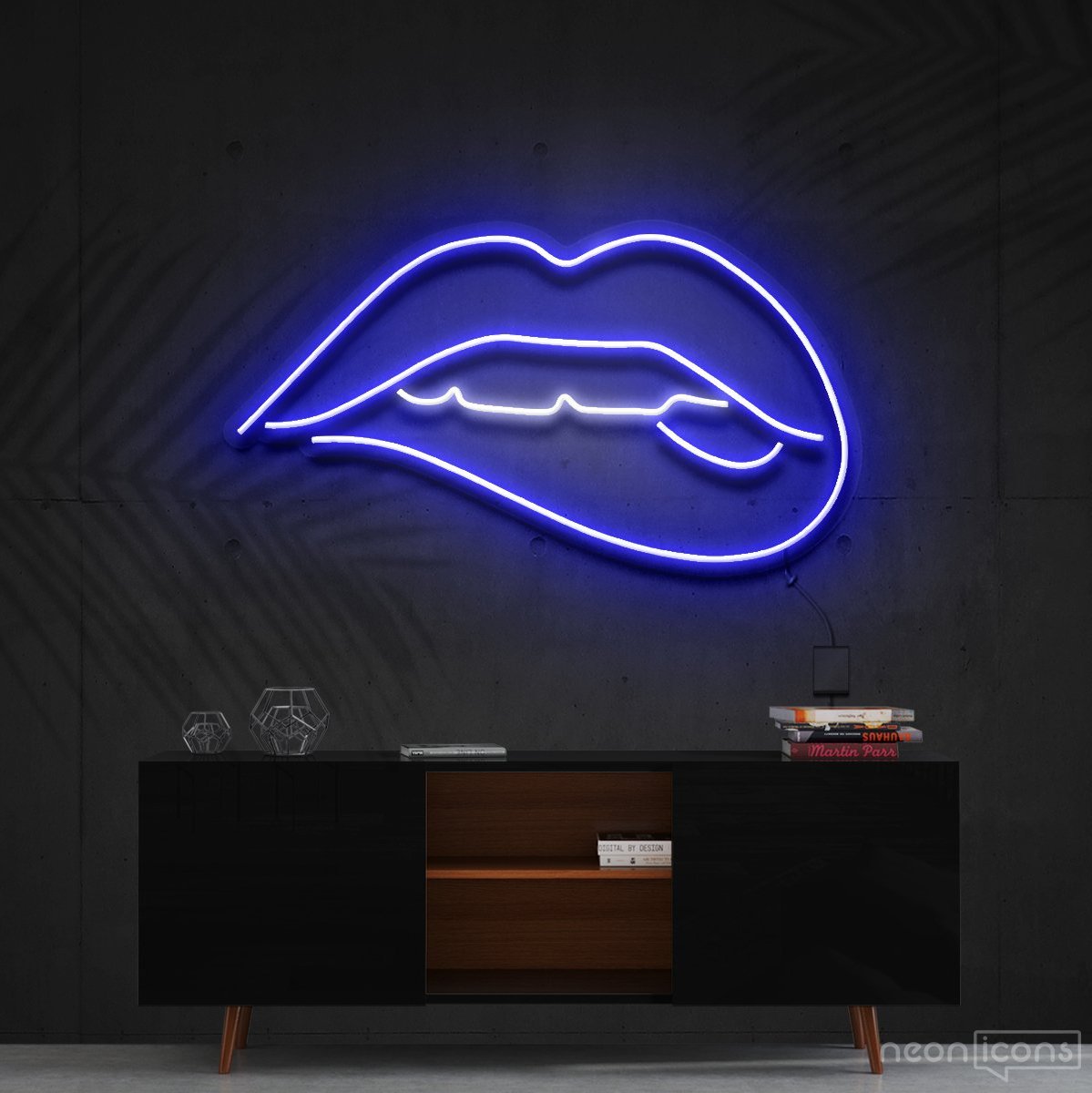 "Lips Biting" White Neon Sign 60cm (2ft) / Blue / Cut to Shape by Neon Icons