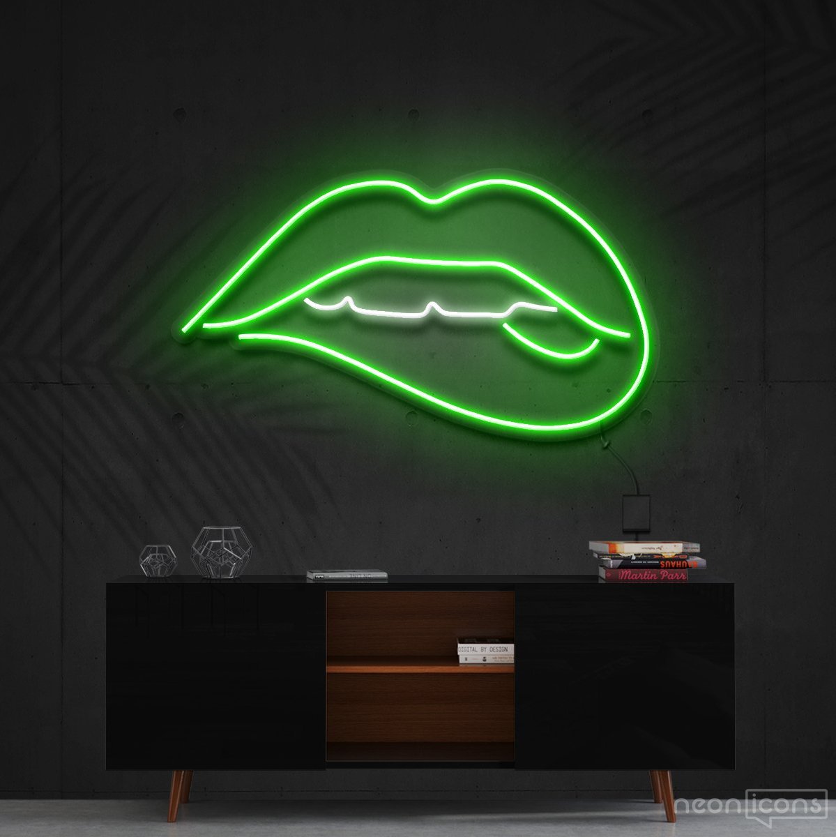 "Lips Biting" White Neon Sign 60cm (2ft) / Green / Cut to Shape by Neon Icons