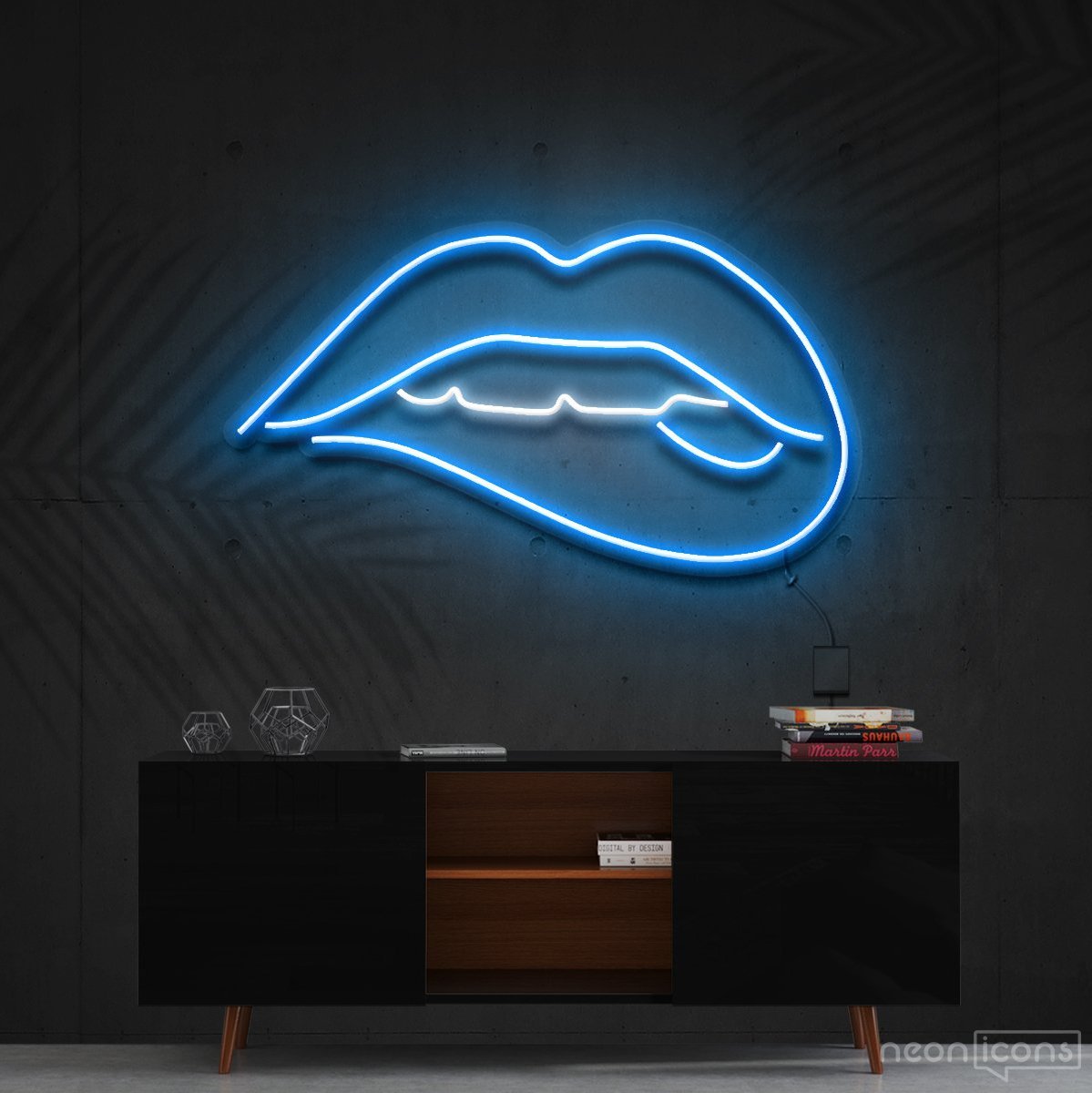 "Lips Biting" White Neon Sign 60cm (2ft) / Ice Blue / Cut to Shape by Neon Icons