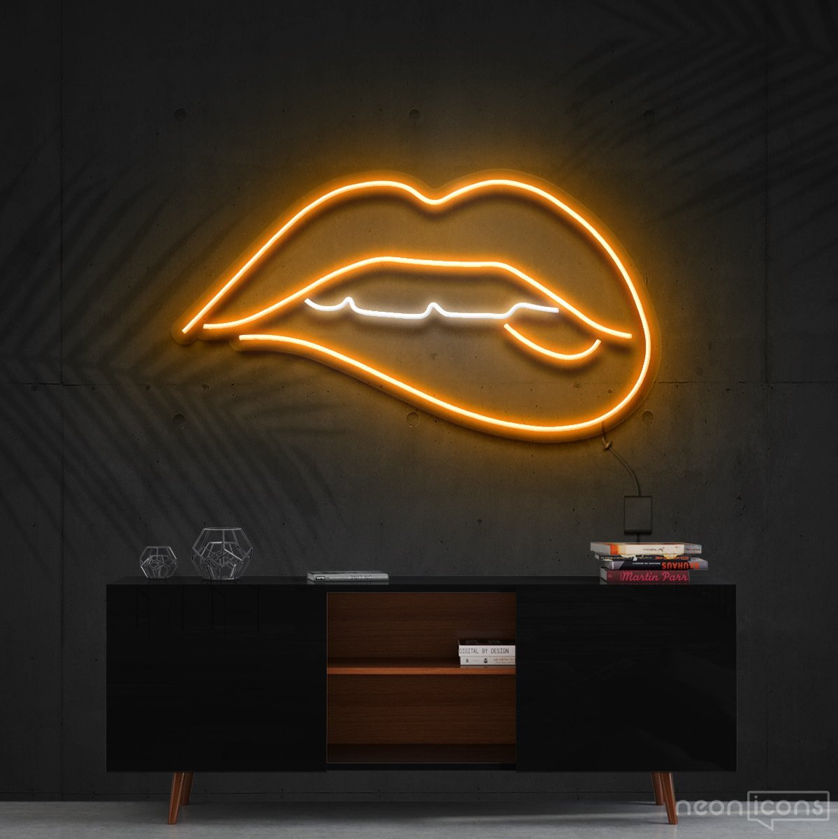 "Lips Biting" White Neon Sign 60cm (2ft) / Orange / Cut to Shape by Neon Icons