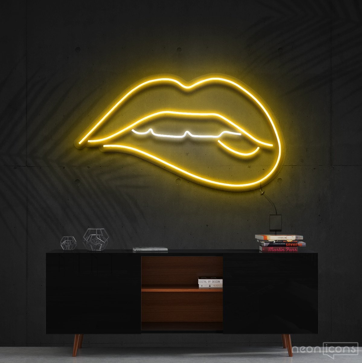 "Lips Biting" White Neon Sign 60cm (2ft) / Yellow / Cut to Shape by Neon Icons