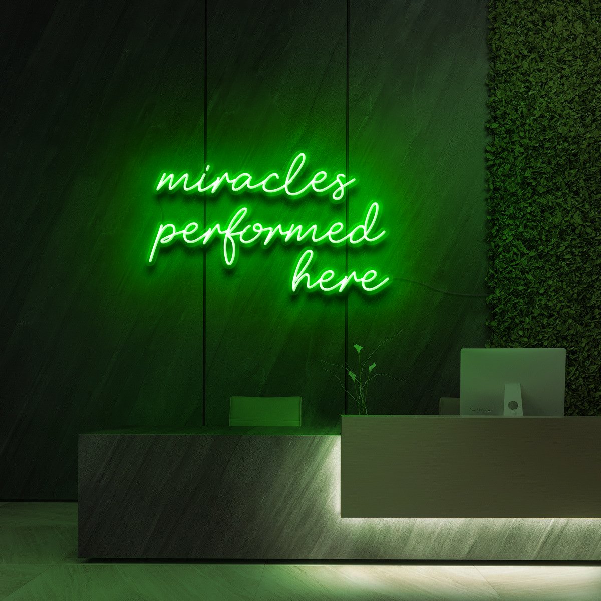 "Miracles Performed Here" Neon Sign for Beauty Salons & Cosmetic Studios 60cm (2ft) / Green / LED Neon by Neon Icons