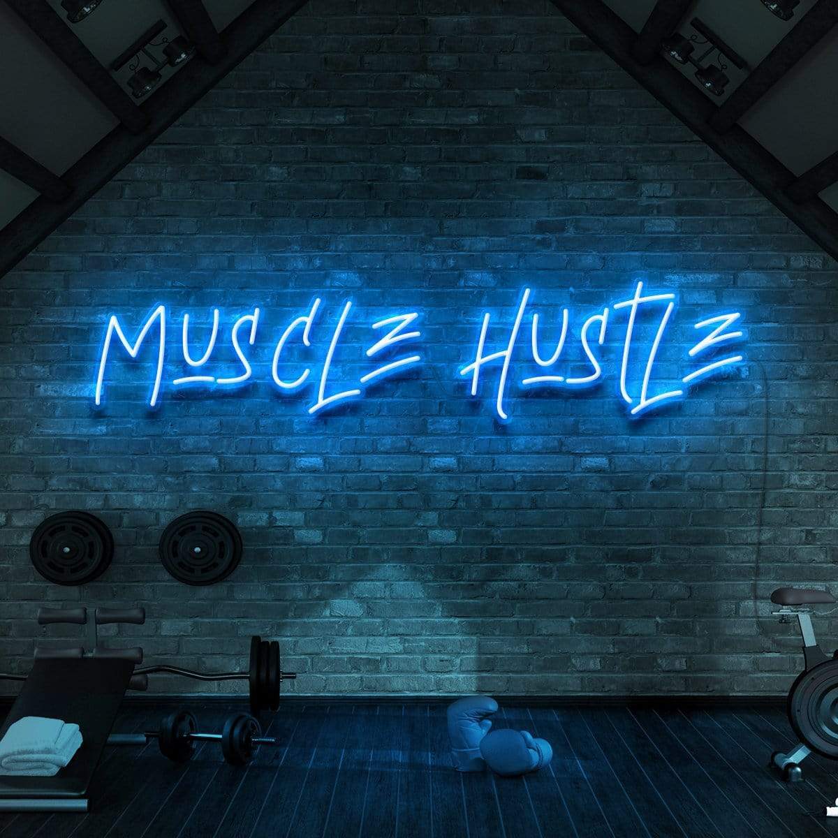 "Muscle Hustle" Neon Sign for Gyms & Fitness Studios 60cm (2ft) / Ice Blue / LED Neon by Neon Icons