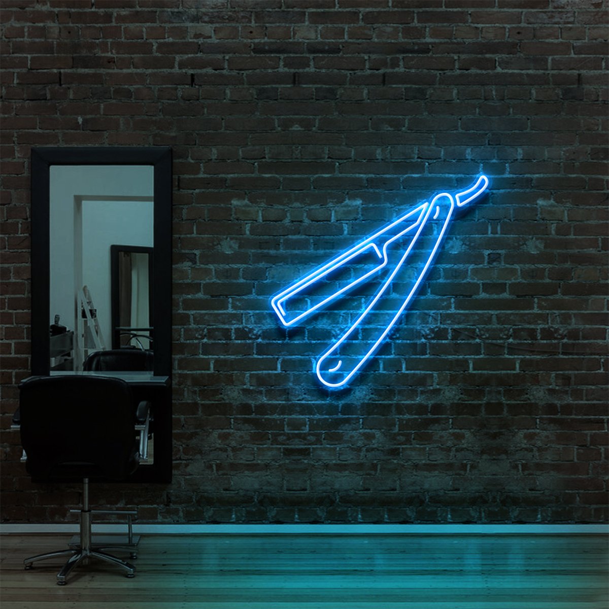 "Razor Blade" Neon Sign for Hair Salons & Barbershops 60cm (2ft) / Ice Blue / LED Neon by Neon Icons