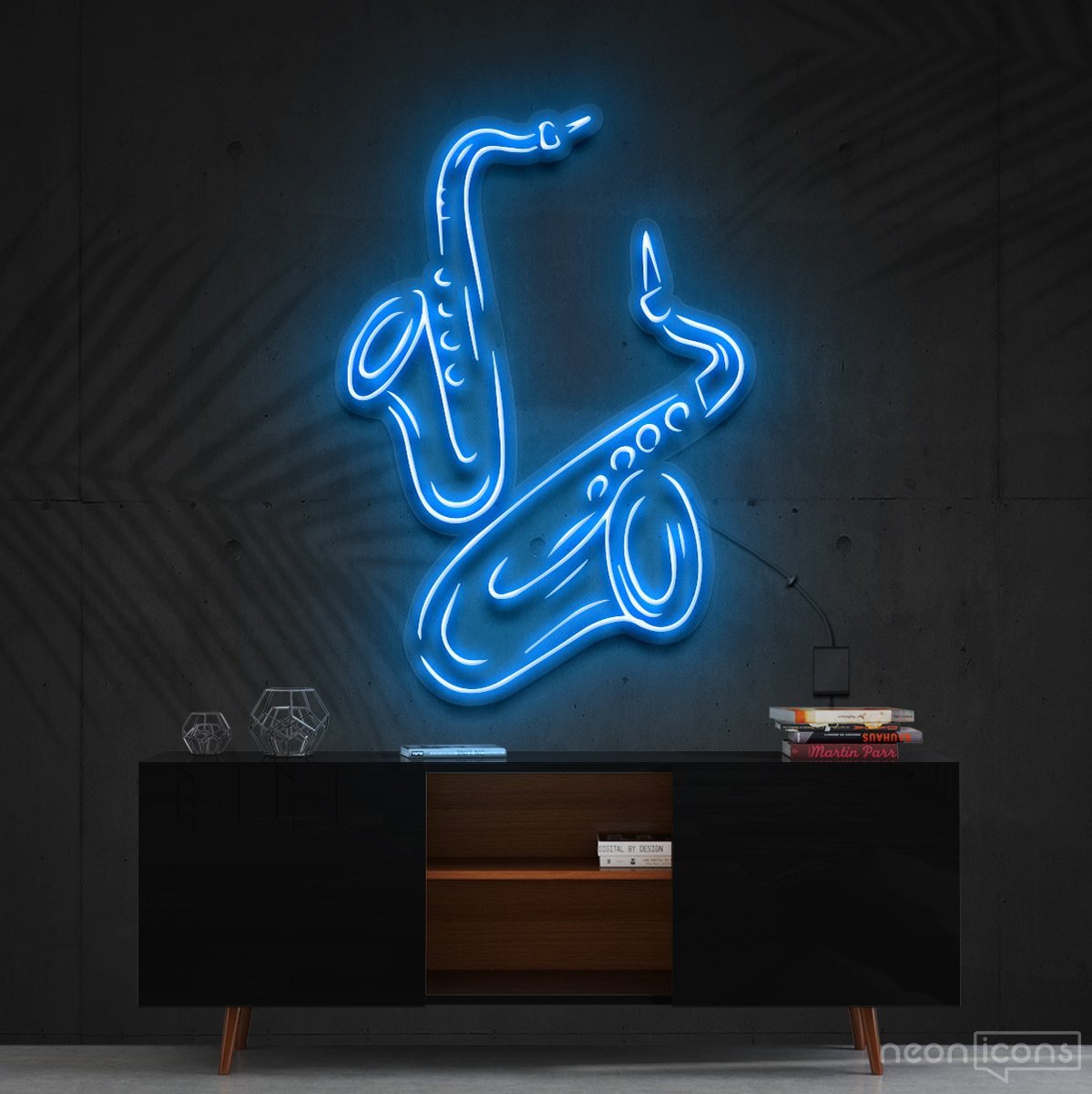 "Saxophones" Neon Sign 60cm (2ft) / Ice Blue / Cut to Shape by Neon Icons