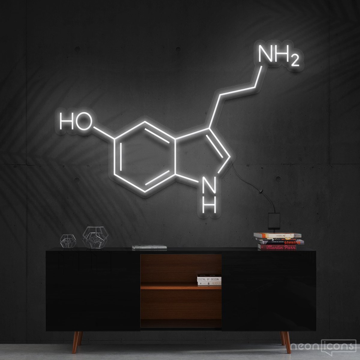"Serotonin Molecule" Neon Sign 60cm (2ft) / White / Cut to Shape by Neon Icons