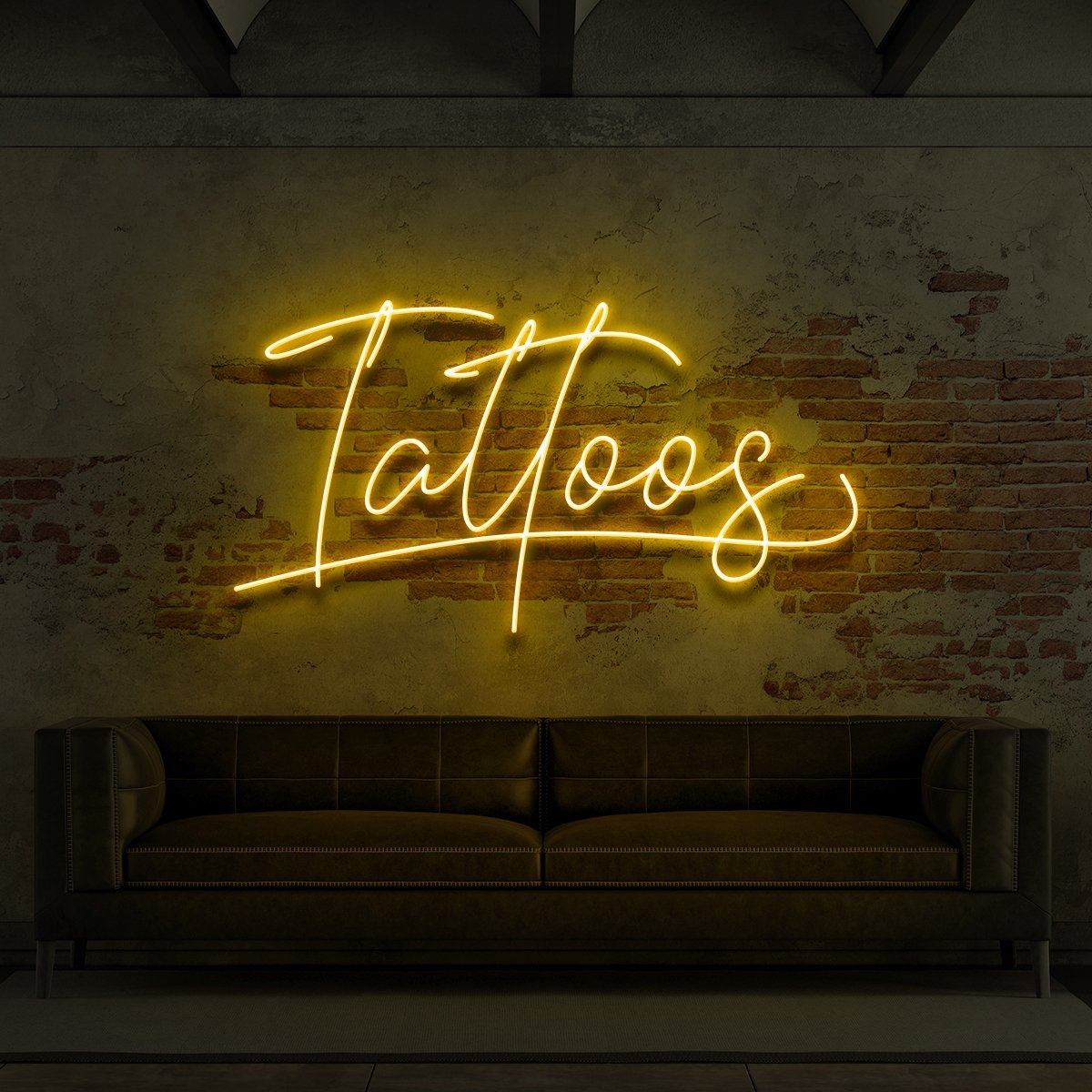 "Tattoos Cursive" Neon Sign for Tattoo Parlours 60cm (2ft) / Yellow / LED Neon by Neon Icons