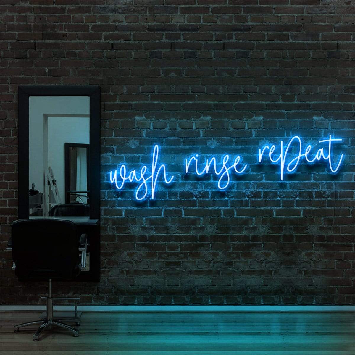 "Wash Rinse Repeat" Neon Sign for Hair Salons & Barbershops 90cm (3ft) / Ice Blue / LED Neon by Neon Icons